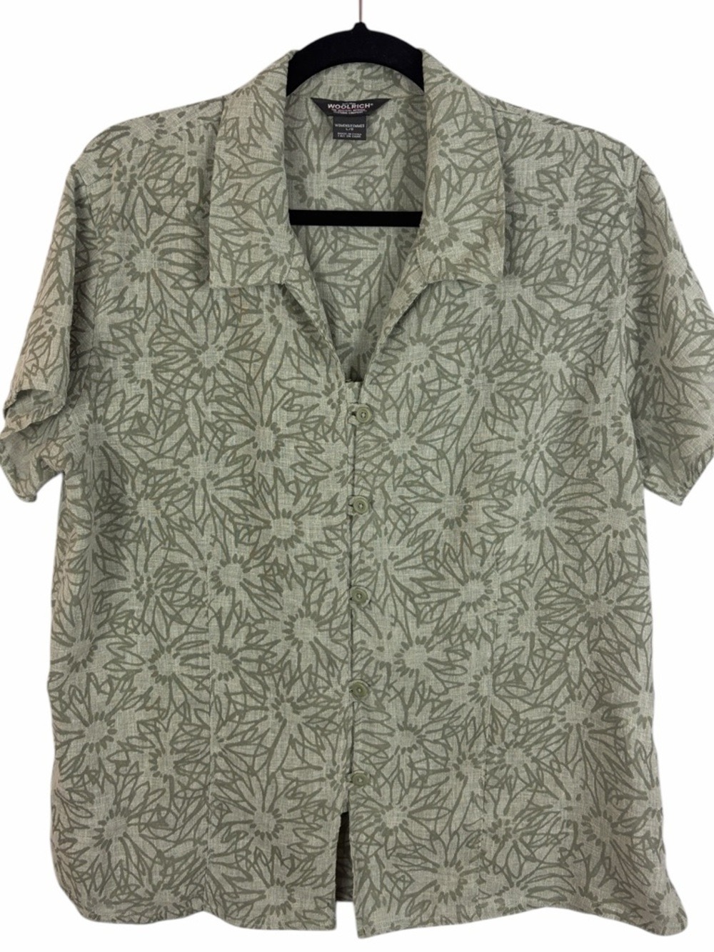 Woolrich Floral Linen Blend Button-Up Shirt Short Sleeve Sage Green Size Large